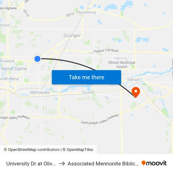 University Dr at Olive Garden to Associated Mennonite Biblical Seminary map