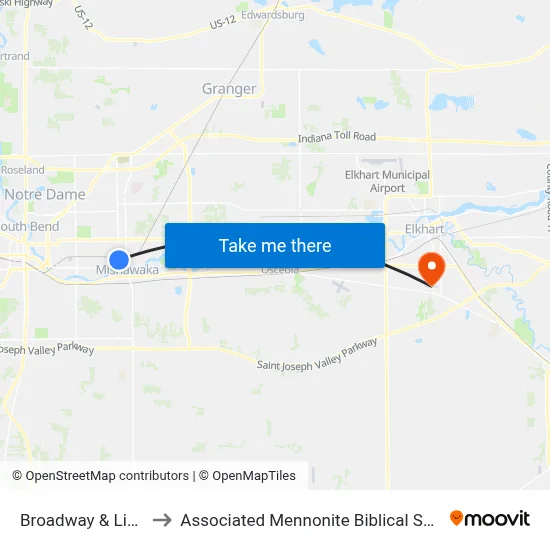 Broadway & Liberty to Associated Mennonite Biblical Seminary map