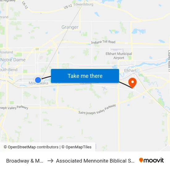 Broadway & Marion to Associated Mennonite Biblical Seminary map