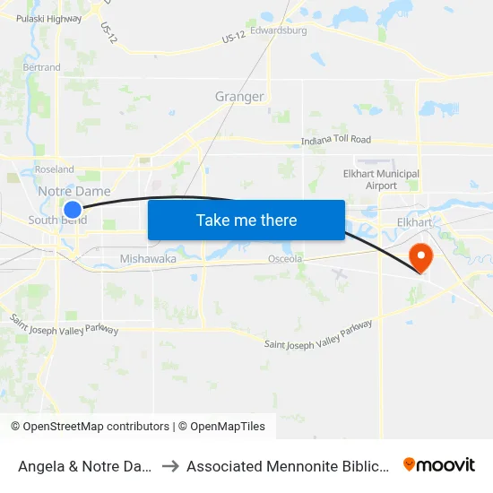 Angela & Notre Dame Ave. to Associated Mennonite Biblical Seminary map