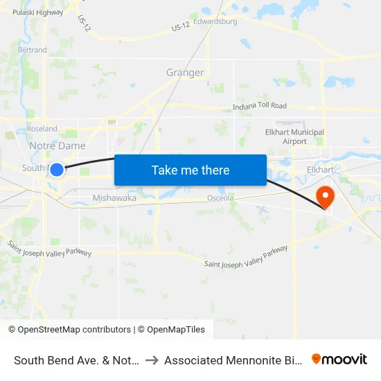 South Bend Ave. & Notre Dame Ave. to Associated Mennonite Biblical Seminary map