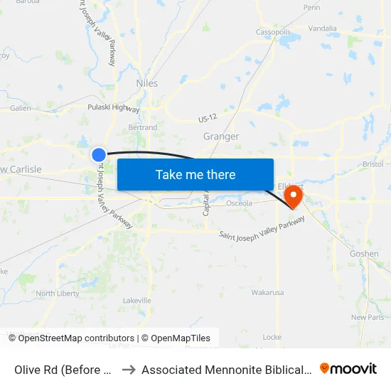 Olive Rd (Before Bridge) to Associated Mennonite Biblical Seminary map