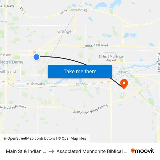 Main St & Indian Ridge to Associated Mennonite Biblical Seminary map