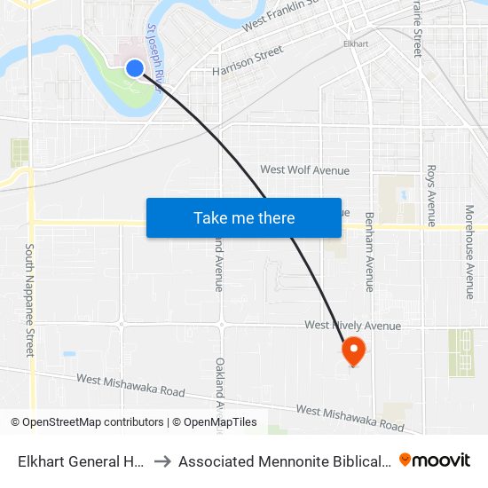 Elkhart General Hospital to Associated Mennonite Biblical Seminary map
