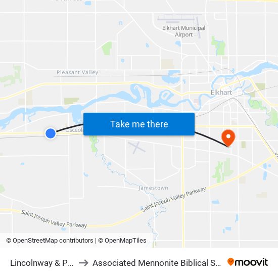 Lincolnway & Peony to Associated Mennonite Biblical Seminary map