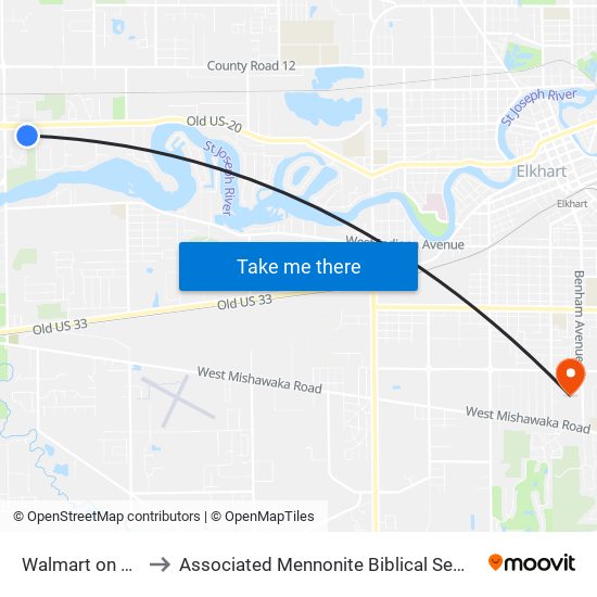 Walmart on Ash to Associated Mennonite Biblical Seminary map