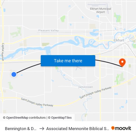 Bennington & Dudley to Associated Mennonite Biblical Seminary map