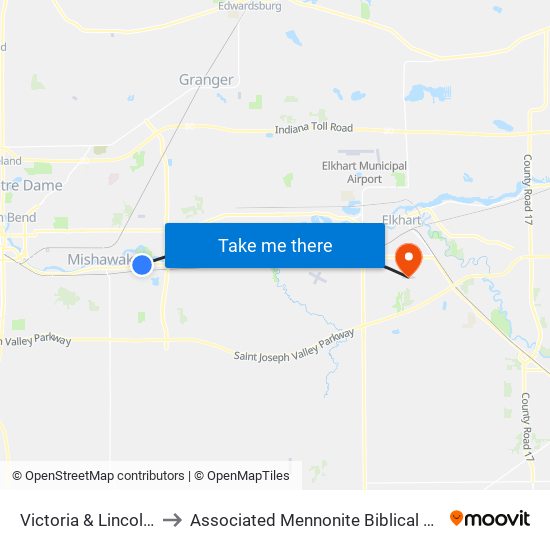 Victoria & Lincolnway to Associated Mennonite Biblical Seminary map