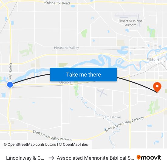 Lincolnway & Capital to Associated Mennonite Biblical Seminary map