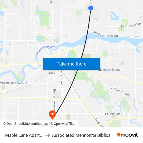 Maple Lane Apartments to Associated Mennonite Biblical Seminary map