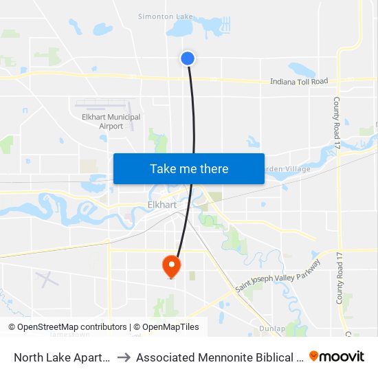 North Lake Apartments to Associated Mennonite Biblical Seminary map