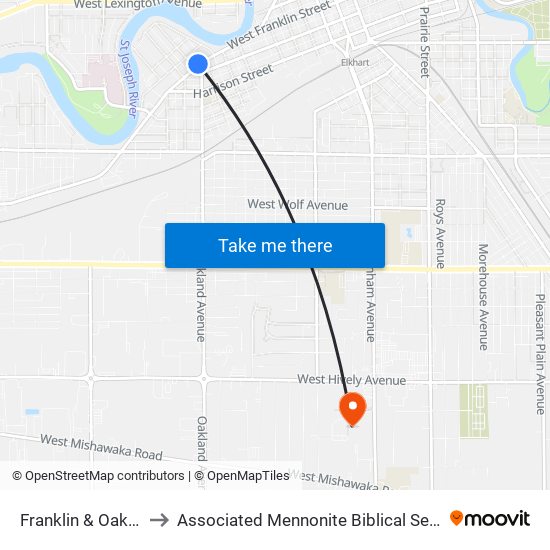 Franklin & Oakland to Associated Mennonite Biblical Seminary map