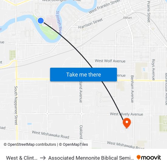 West & Clinton to Associated Mennonite Biblical Seminary map