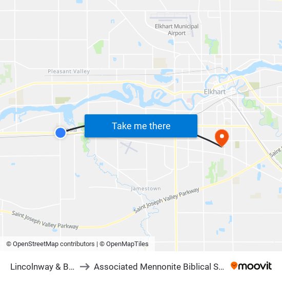 Lincolnway & Beech to Associated Mennonite Biblical Seminary map