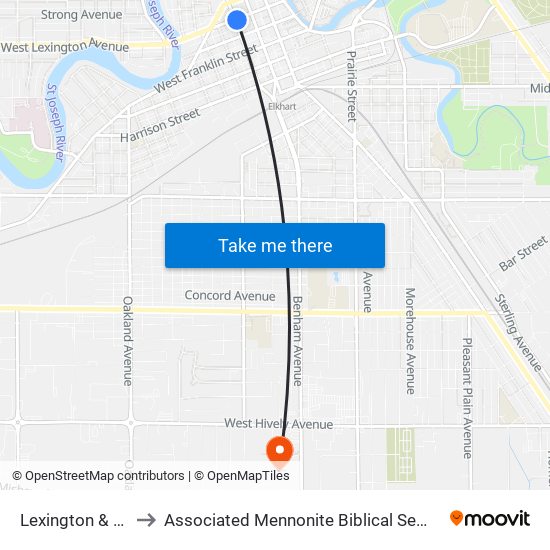 Lexington & 3rd to Associated Mennonite Biblical Seminary map