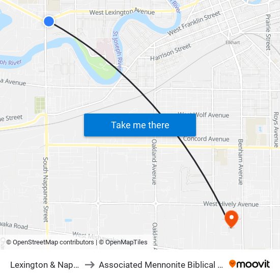 Lexington & Nappanee to Associated Mennonite Biblical Seminary map