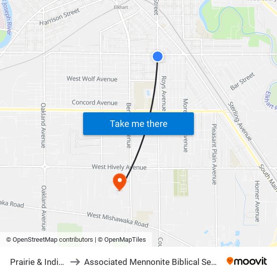 Prairie & Indiana to Associated Mennonite Biblical Seminary map