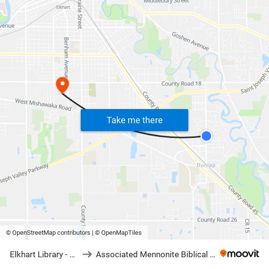 Elkhart Library - Dunlap to Associated Mennonite Biblical Seminary map