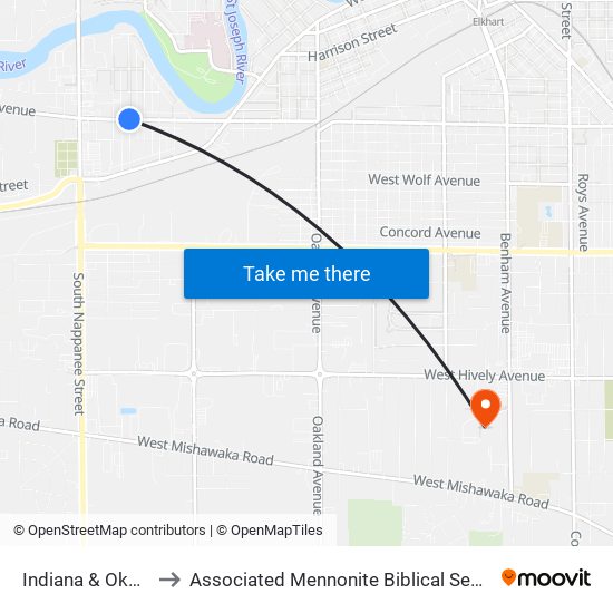 Indiana & Okama to Associated Mennonite Biblical Seminary map