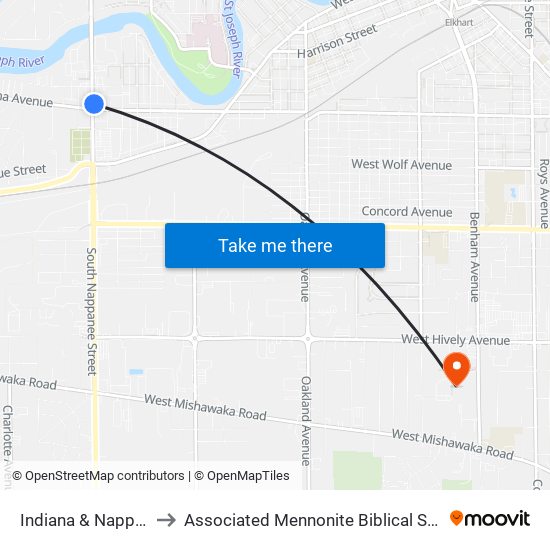 Indiana & Nappanee to Associated Mennonite Biblical Seminary map