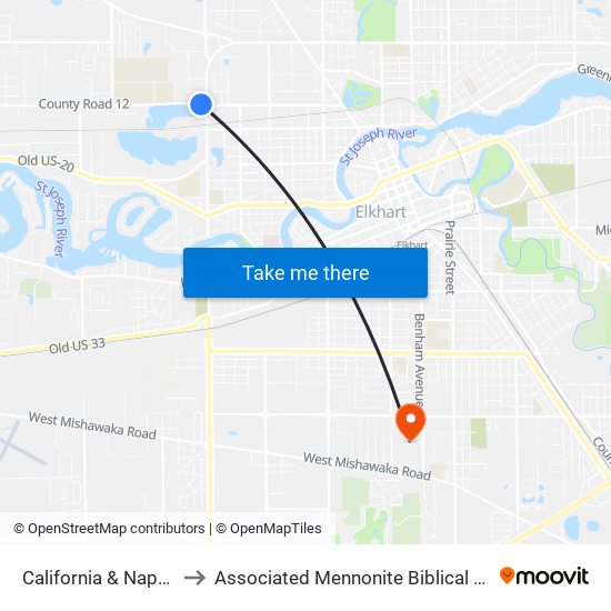 California & Nappanee to Associated Mennonite Biblical Seminary map