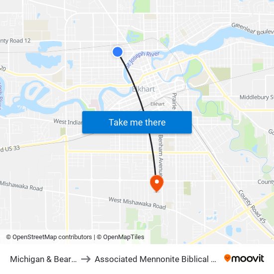 Michigan & Beardsley to Associated Mennonite Biblical Seminary map