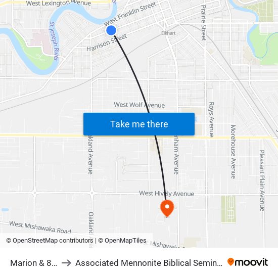 Marion & 8th to Associated Mennonite Biblical Seminary map