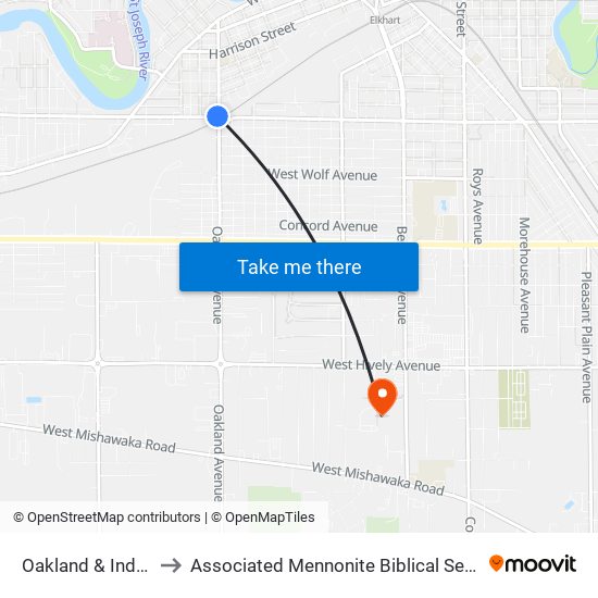 Oakland & Indiana to Associated Mennonite Biblical Seminary map