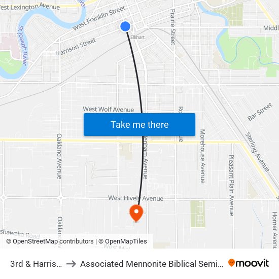 3rd & Harrison to Associated Mennonite Biblical Seminary map