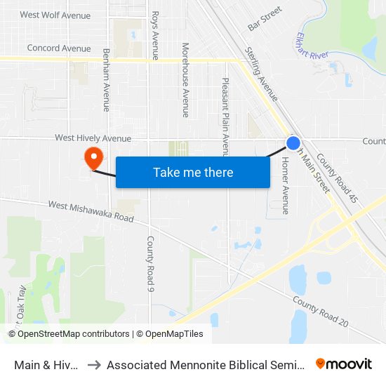 Main & Hively to Associated Mennonite Biblical Seminary map