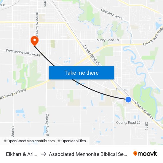 Elkhart & Arlene to Associated Mennonite Biblical Seminary map