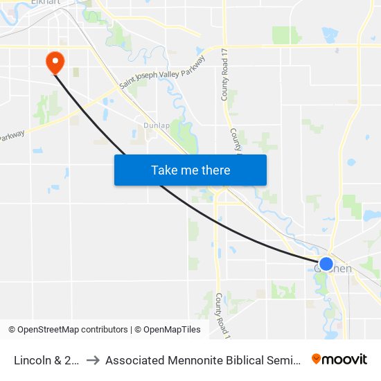 Lincoln & 2nd to Associated Mennonite Biblical Seminary map