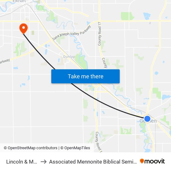 Lincoln & Main to Associated Mennonite Biblical Seminary map