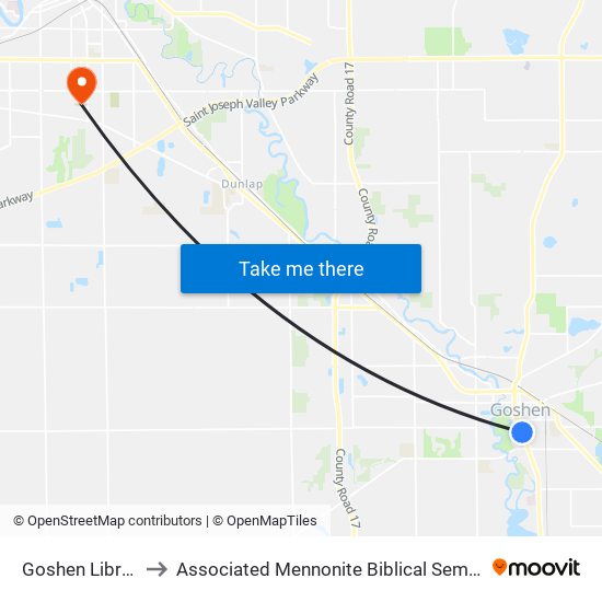 Goshen Library to Associated Mennonite Biblical Seminary map