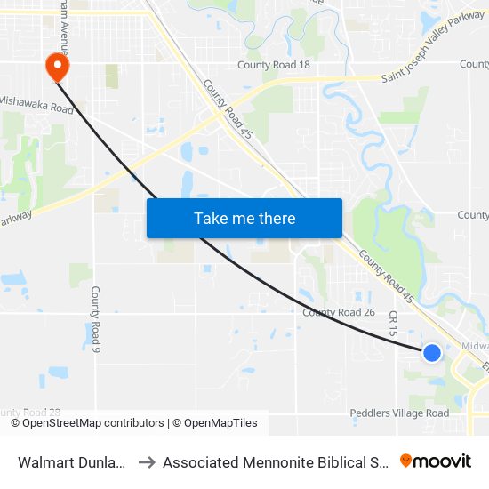 Walmart Dunlap (In) to Associated Mennonite Biblical Seminary map