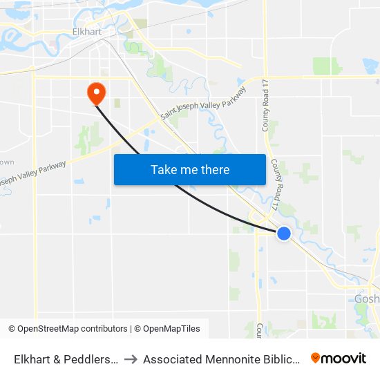 Elkhart & Peddlers Village to Associated Mennonite Biblical Seminary map