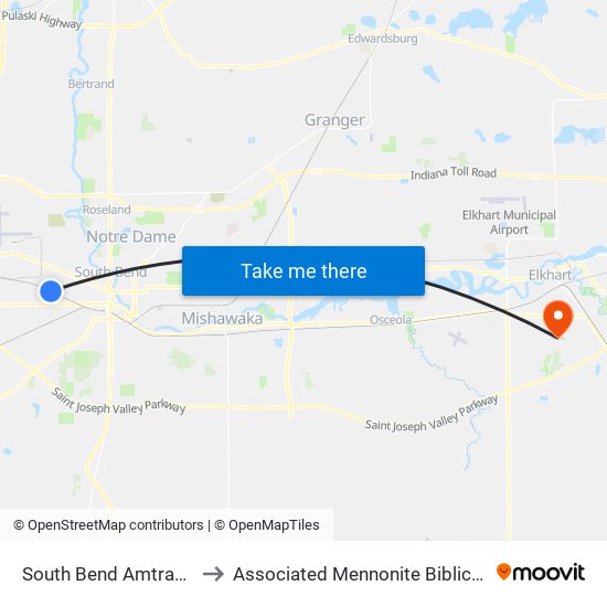 South Bend Amtrak Station to Associated Mennonite Biblical Seminary map