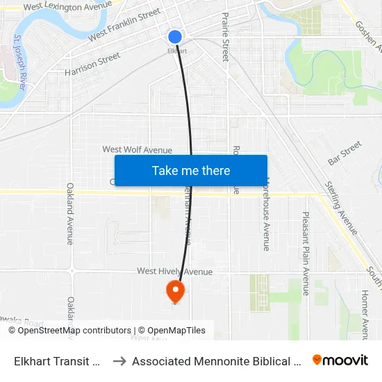Elkhart Transit Center to Associated Mennonite Biblical Seminary map