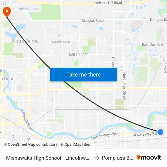 Mishawaka High School to Pomp-ass Bubble map