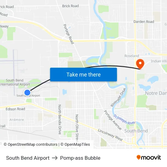 South Bend Airport to Pomp-ass Bubble map