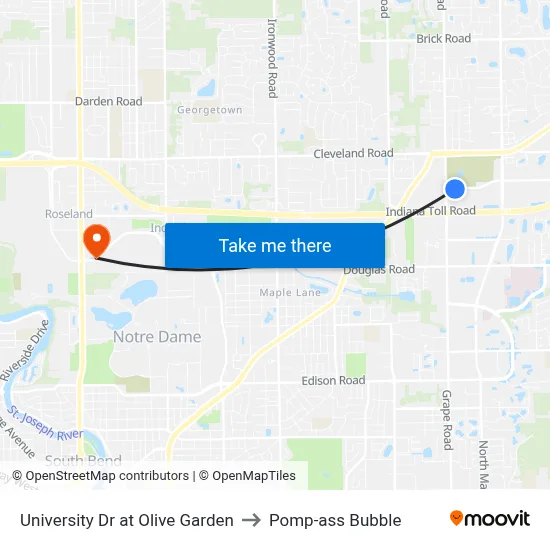 University Dr at Olive Garden to Pomp-ass Bubble map