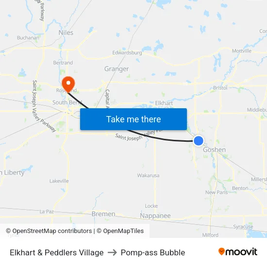 Elkhart & Peddlers Village to Pomp-ass Bubble map