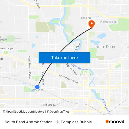 South Bend Amtrak Station to Pomp-ass Bubble map