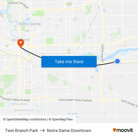 Twin Branch Park to Notre Dame Downtown map