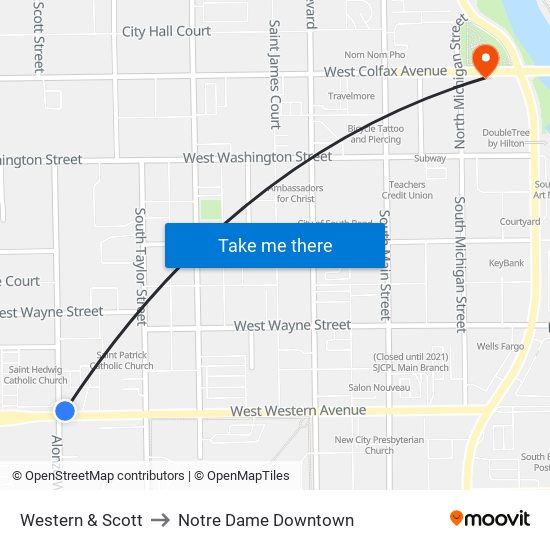 Western & Scott to Notre Dame Downtown map