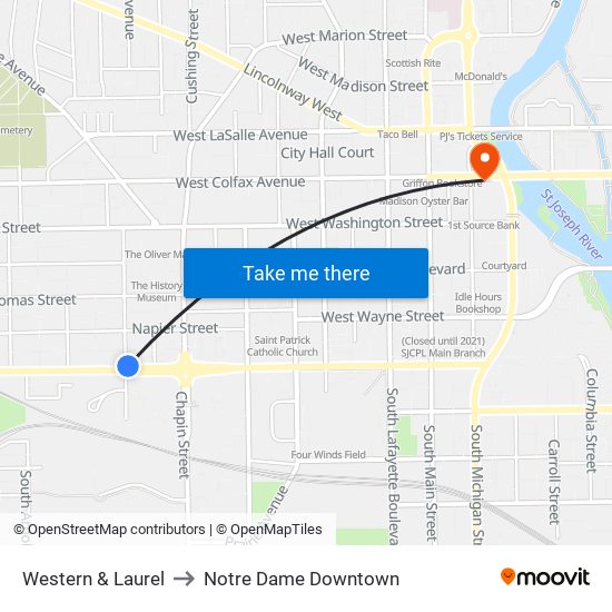 Western & Laurel to Notre Dame Downtown map