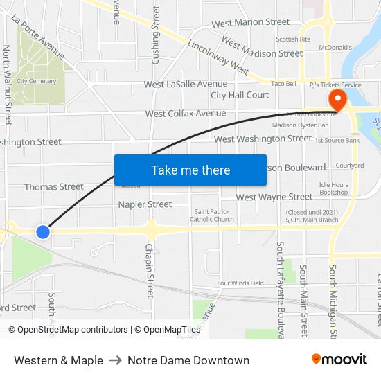 Western & Maple to Notre Dame Downtown map