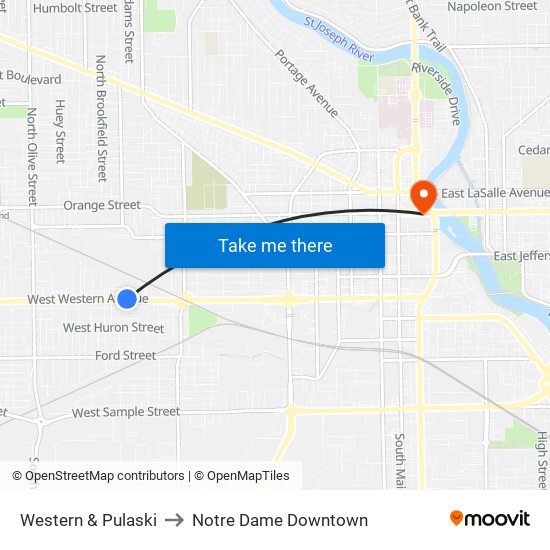 Western & Pulaski to Notre Dame Downtown map