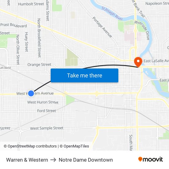 Warren & Western to Notre Dame Downtown map