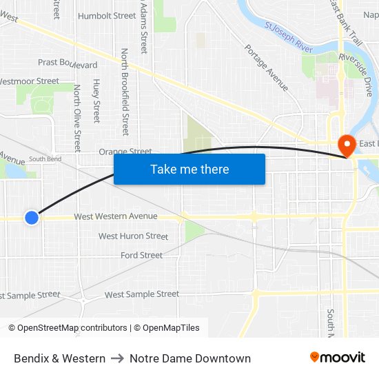 Bendix & Western to Notre Dame Downtown map